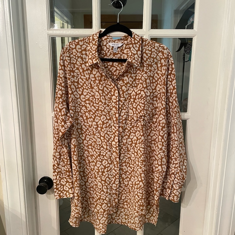 Nine West XXL Leopard Print Button Up Blouse